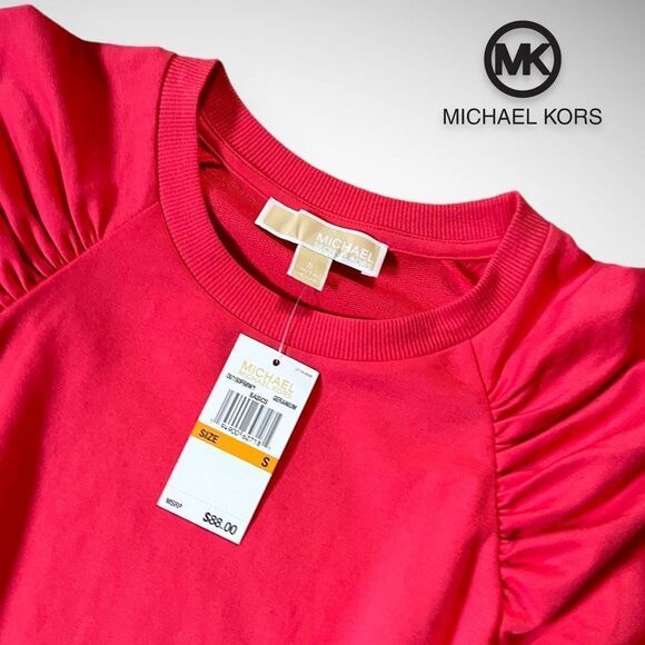 🚫SOLD🚫NWT Michael Kors Crew Neck Puff Shoulder Long Sleeve Top in Geranium - Picture 8 of 11